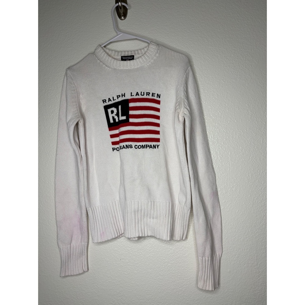 Polo Jeans Co Ralph Lauren Womens White Cotton Flag Knit Sweater Large